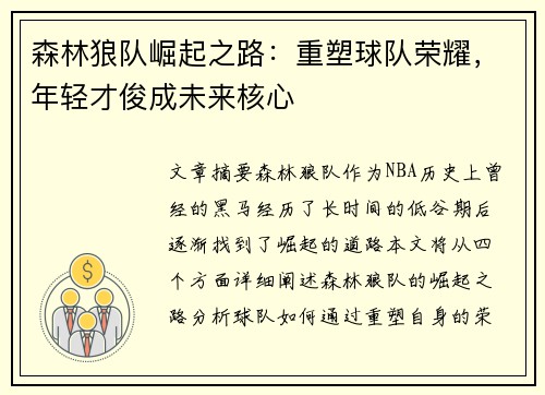 森林狼队崛起之路：重塑球队荣耀，年轻才俊成未来核心