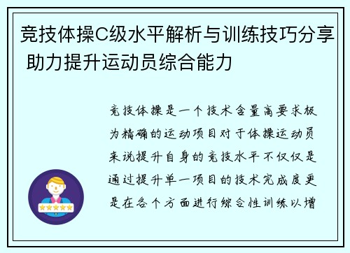 竞技体操C级水平解析与训练技巧分享 助力提升运动员综合能力