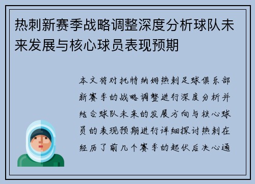 热刺新赛季战略调整深度分析球队未来发展与核心球员表现预期