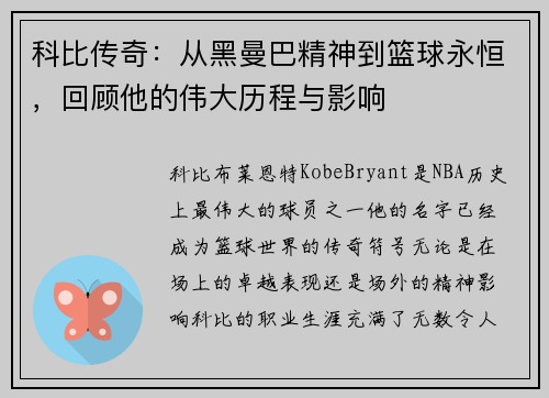 科比传奇：从黑曼巴精神到篮球永恒，回顾他的伟大历程与影响