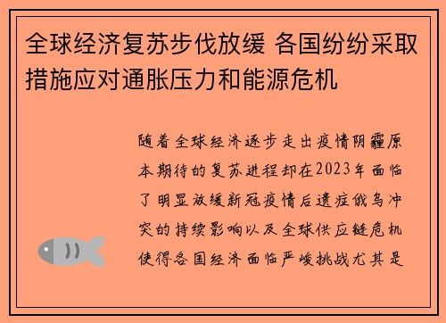 全球经济复苏步伐放缓 各国纷纷采取措施应对通胀压力和能源危机