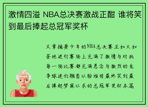激情四溢 NBA总决赛激战正酣 谁将笑到最后捧起总冠军奖杯